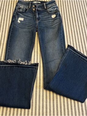 KanCan Dark Blue Distressed Bootcut Jeans with Frayed Hem